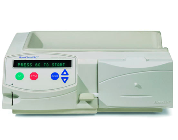 Máquina cicladora automática de ocho espigas. Sistema automatizado para practicar diálisis peritoneal en forma intermitente o cíclica. Monitor con unidad selectora de la cantidad de líquido a administrar tiempo de ingreso y permanencia así como drenaje. Control digital de tiempo y número de recambios calentador para líquido de diálisis termostato y alarmas de suministro de líquido de temperatura y drenaje.